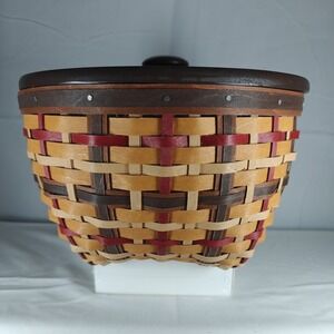 2012 Longaberger Signature Plaid 8" Round Basket Set Handmade‎ Maple Wood